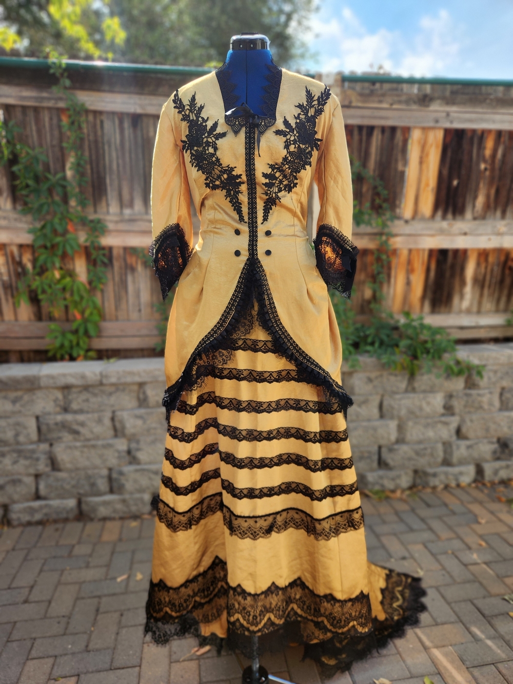 Handmade Victorian Steampunk Bustle 2pc Gold Satin Black Lace Jacket Train Skirt
